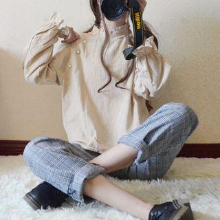 Puff-sleeve Blouse / Plaid Pants / Set