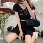 Short-sleeve V-neck Bow Accent Cropped Top
