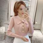 Long-sleeve Button-detail Tie-neck Knit Top