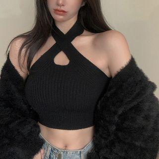 Halter-neck Knit Crop Tank Top / Fluffy Cropped Jacket