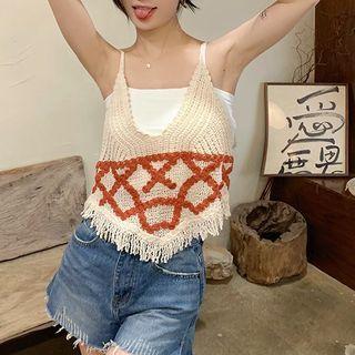 Fringed Knit Camisole Top Camisole Top - Almond - One Size