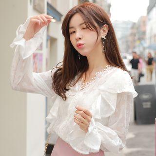 Lace Trim V-neck Bell-sleeve Chiffon Blouse
