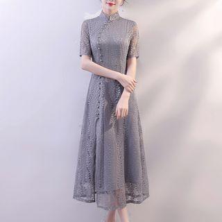 Short-sleeve Lace Panel Midi Qipao Dress