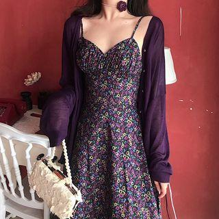 Floral Midi Spaghetti Strap A-line Dress / Cardigan