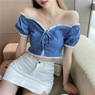 Lace Trim Lace-up Denim Cropped Blouse Blue - One Size