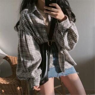Bishop-sleeve Plaid Shirt Gingham - Gray - One Size