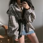 Bishop-sleeve Plaid Shirt Gingham - Gray - One Size