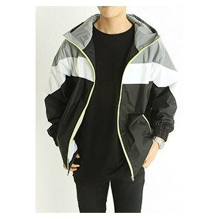 Hooded Letter Color-block Windbreaker Black - One Size