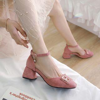 Faux Suede Rhinestone Buckled Block Heel Pumps