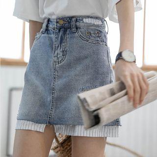 Striped Paneled A-line Mini Denim Skirt