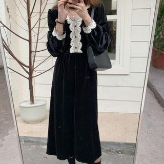 Long-sleeve V-neck Lace Trim Velvet Midi A-line Dress Black - One Size