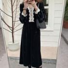 Long-sleeve V-neck Lace Trim Velvet Midi A-line Dress Black - One Size