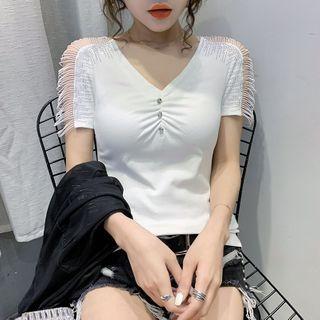 Short-sleeve Cold Shoulder Embellished T-shirt
