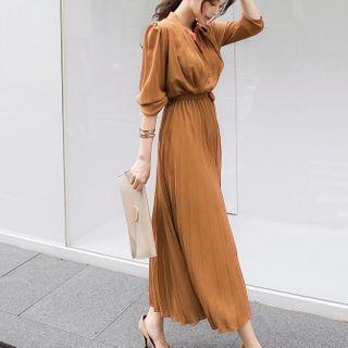 Long-sleeve Pleated Midi A-line Chiffon Dress