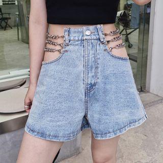 Chain Wide-leg Denim Shorts