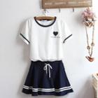 Set: Short-sleeve Heart Embroidered T-shirt + Mini Skirt Set - Dark Blue & White - One Size