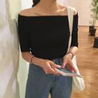 Off Shoulder Elbow-sleeve T-shirt Black - One Size