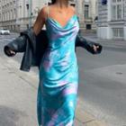 Spaghetti Strap Cowl-neck Tie-dyed Midi A-line Dress