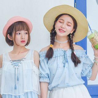Off-shoulder Frill Trim Short-sleeve Top