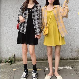 Loose-fit Plaid Casual Shirt / Plain Tank Dress