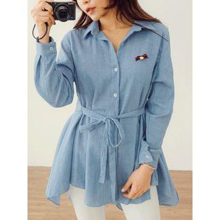 Tie-waist Ruffle-hem Shirtdress With Brooch