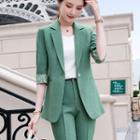 Elbow-sleeve Lettering Panel Single-button Blazer / Dress Pants