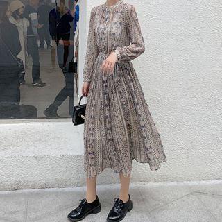 Printed Long-sleeve Chiffon Midi A-line Dress