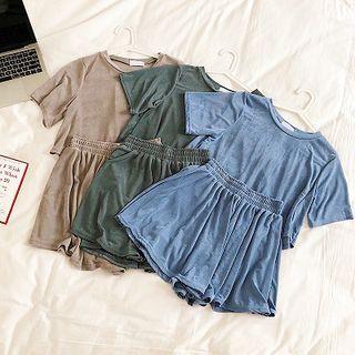 Set:plain Asymmetric Short-sleeve Top + High-waist Wide-leg Skort