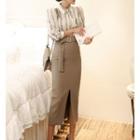 Long-sleeve Patterned Shirt / Paneled Sheath Skirt
