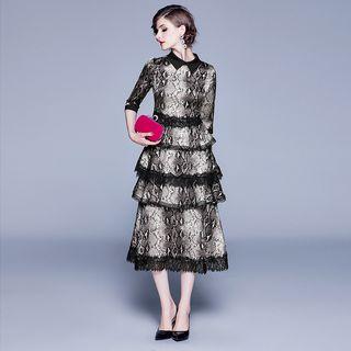 Snake Print Elbow-sleeve Midi A-line Dress