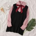 Long-sleeve Tie-neck Shirt / Knit Vest