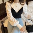 Mock Two-piece Long-sleeve Two-tone Knit Panel Top
