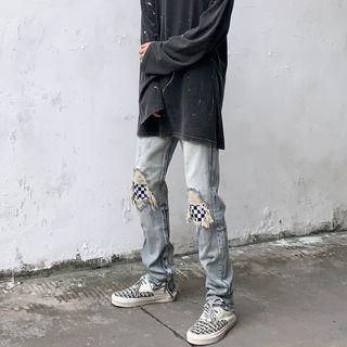 Mid Rise Checker Print Distressed Straight Leg Jeans