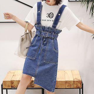 Set: Printed Short-sleeve T-shirt + High Waist Denim Suspender Dress