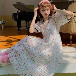 Set: Puff-sleeve Floral Print Midi A-line Dress + Slipdress