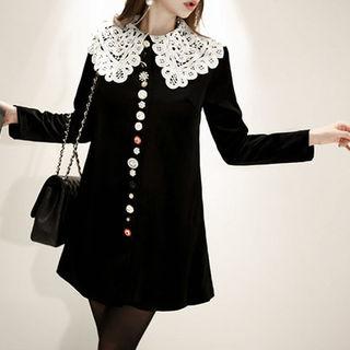 Crochet-collar Button-detail Velvet Dress