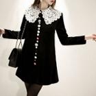 Crochet-collar Button-detail Velvet Dress