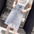 Lace-panel Midi A-line Denim Skirt