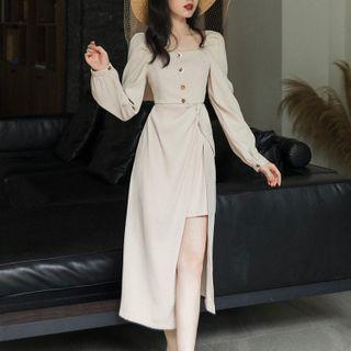Long-sleeve Twist-front Slit Midi A-line Dress