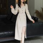 Long-sleeve Twist-front Slit Midi A-line Dress