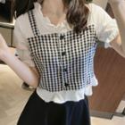 Puff Sleeve V-neck Frill Trim Gingham Mock Two Piece Blouse