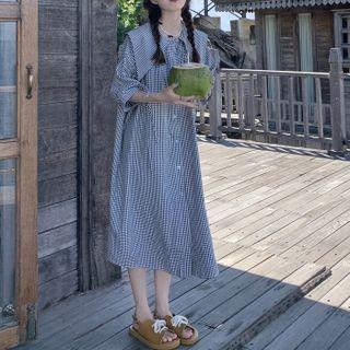 Elbow-sleeve Wide Collar Check Midi A-line Dress