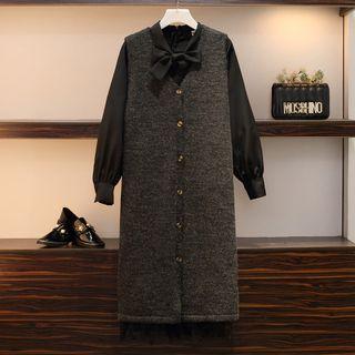 Set: Long-sleeve Midi Mesh Dress + Knit Pinafore Dress