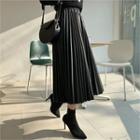Band-waist Faux-leather Pleated Skirt Black - One Size