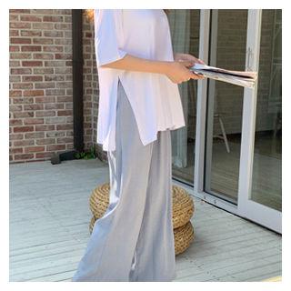 Elasticized-waist Sleek Wide-leg Pants Sky Blue - One Size