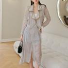 Set : Contrast Trim Floral Zip Jacket + Zipper Detail Floral Midi Skirt