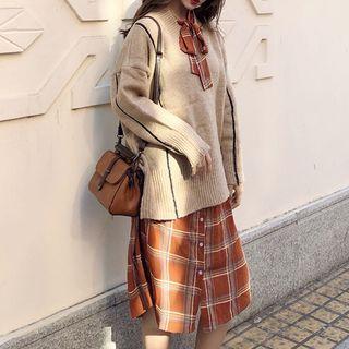 Contrast-trim Sweater / Tie-neck Plaid Long-sleeve Midi Shirt Dress