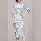 3/4-sleeve Floral Slit Sheath Dress