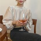 Mock Neck Bubble Sleeve Plain Top Beige - One Size