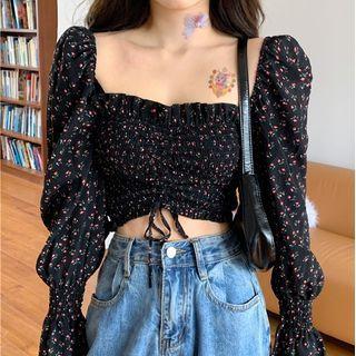Long-sleeve Floral Print Drawstring Crop Top Black - One Size